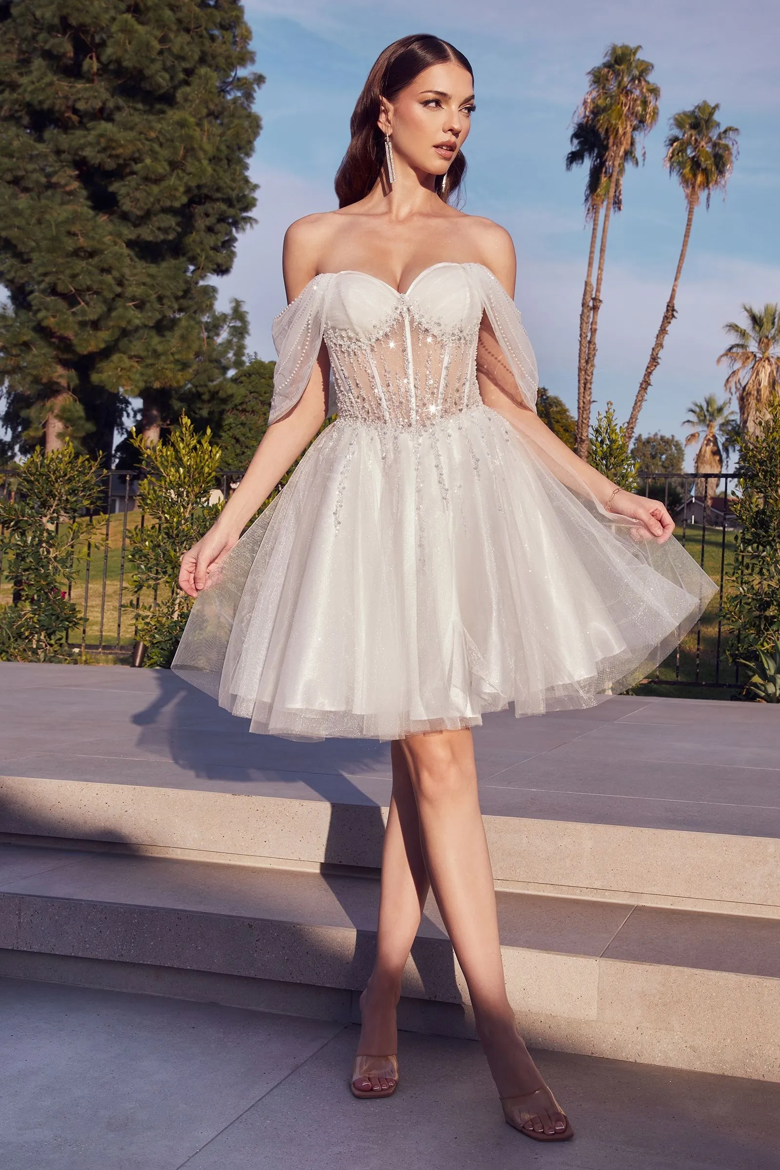 CD CD0211 - Off the Shoulder Bead Embellished A-Line Homecoming Dress with Sheer Corset Bodice & Layered Glittery Tulle Skirt