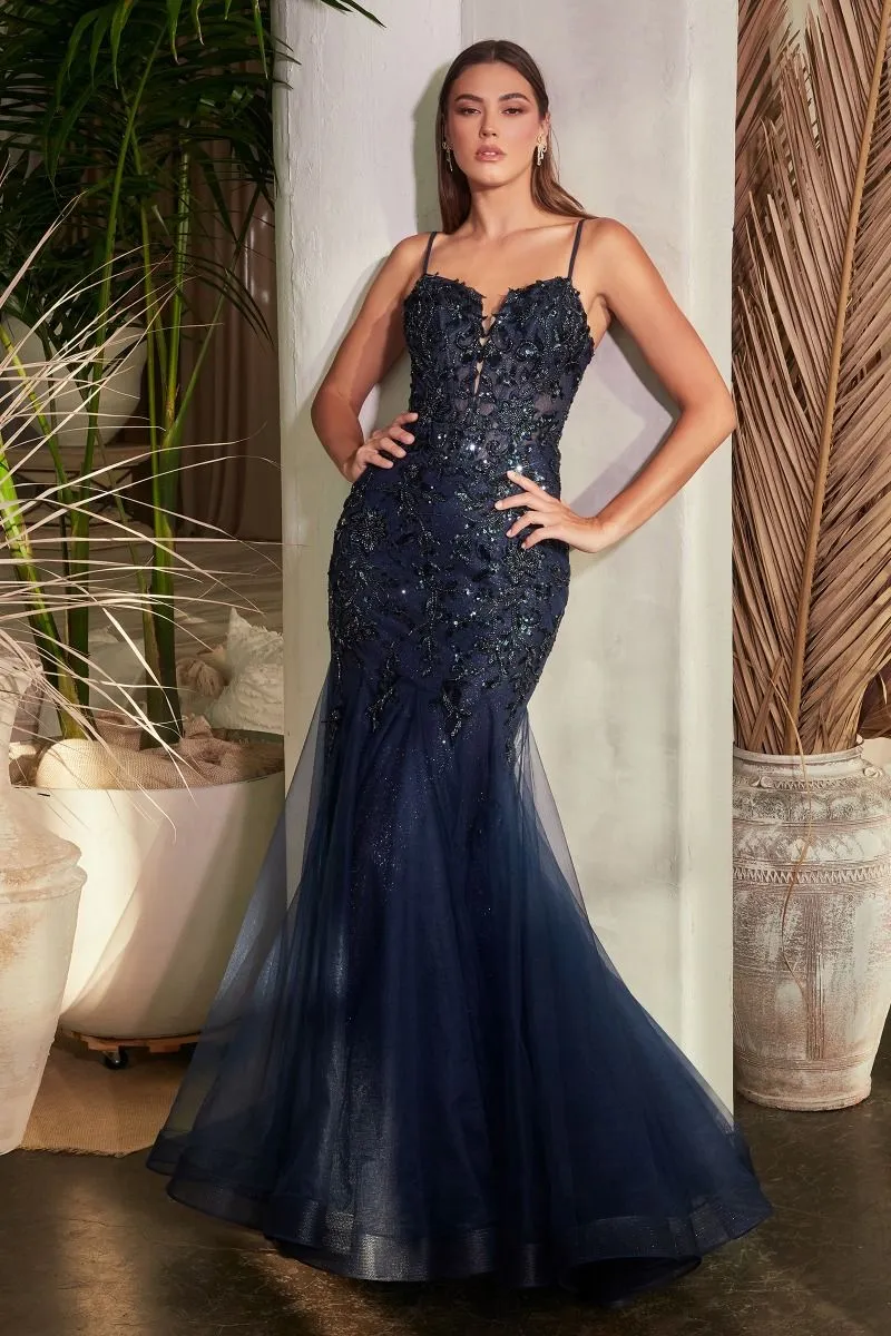 CD CDS488 - Floral Patterned Sequin Mermaid Prom Gown with Sheer Bonded Bodice & Layered Tulle Skirt