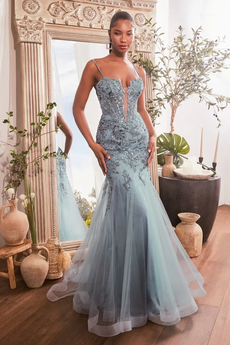 CD CDS488 - Floral Patterned Sequin Mermaid Prom Gown with Sheer Bonded Bodice & Layered Tulle Skirt