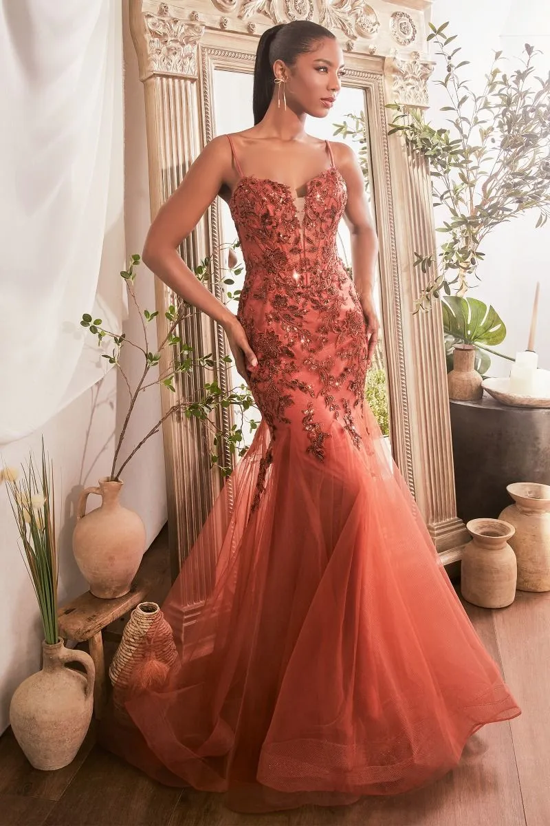 CD CDS488 - Floral Patterned Sequin Mermaid Prom Gown with Sheer Bonded Bodice & Layered Tulle Skirt