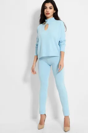 CHAIN CUT OUT JUMPER & LEGGINGS KNIT BLUE LOUNGE SET