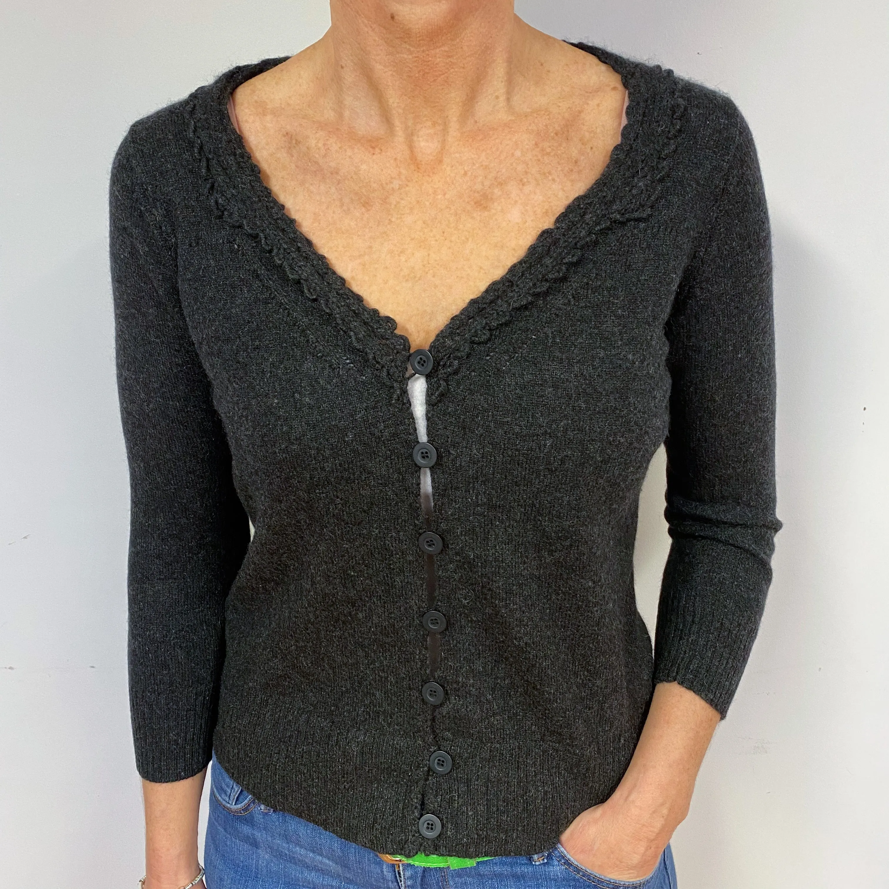 Charcoal Grey 3/4 Sleeve Cashmere V-Neck Cardigan Medium