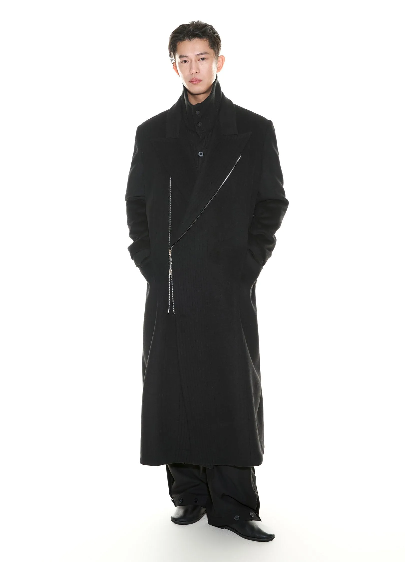 Chic Double-Breasted Wool Blend Overcoat With Metal Zipper