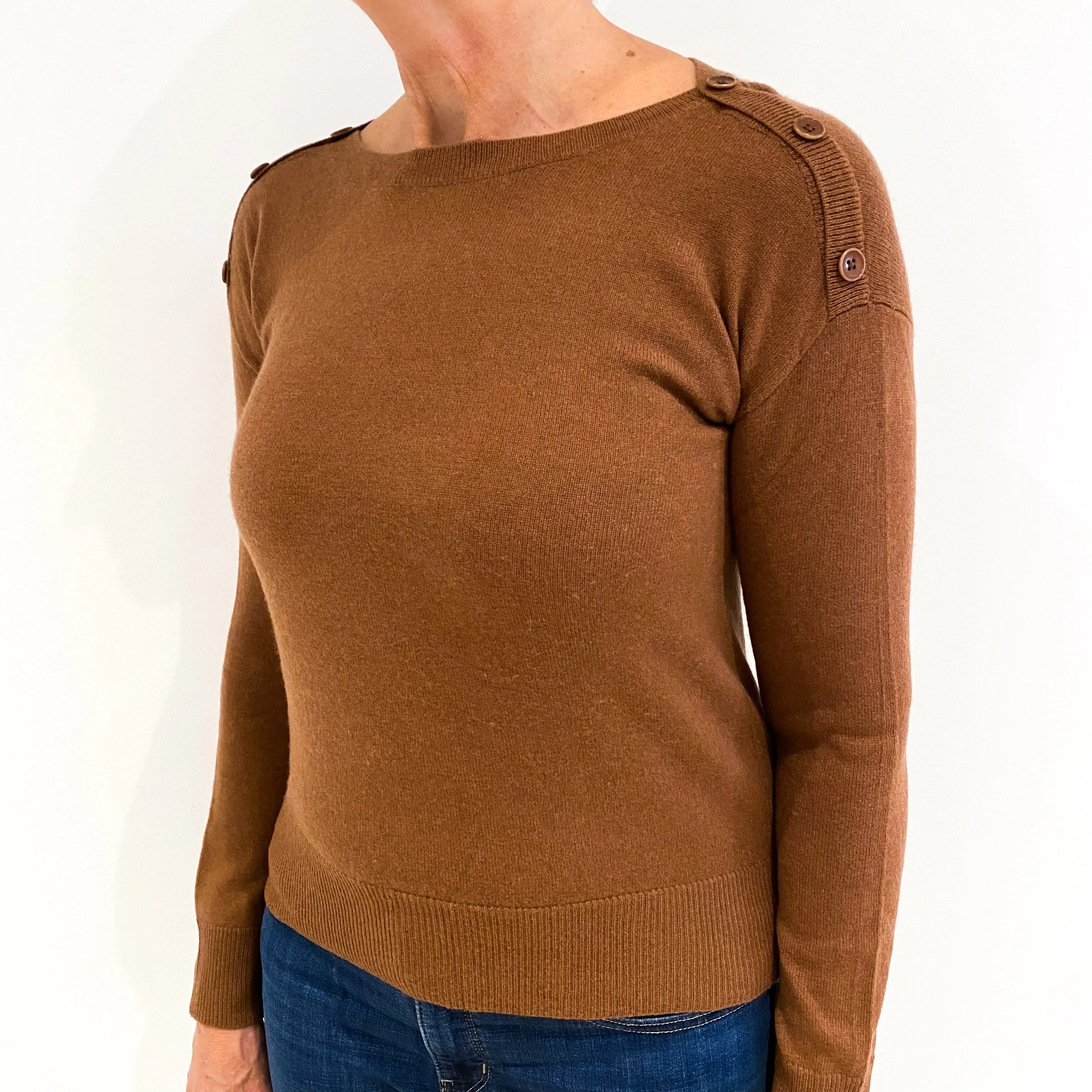 Cinnamon Brown Cashmere Boat Neck Jumper Medium