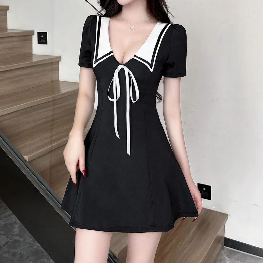 Contrast Color Lapel Uniform High Hem Short Sleeve Dress