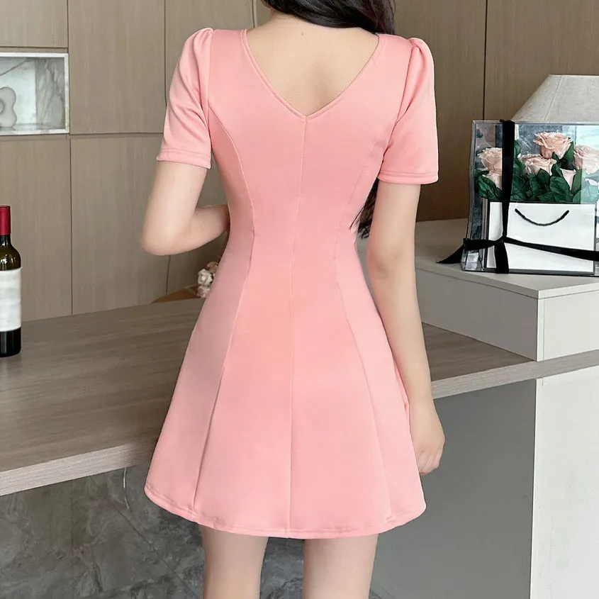 Contrast Color Lapel Uniform High Hem Short Sleeve Dress