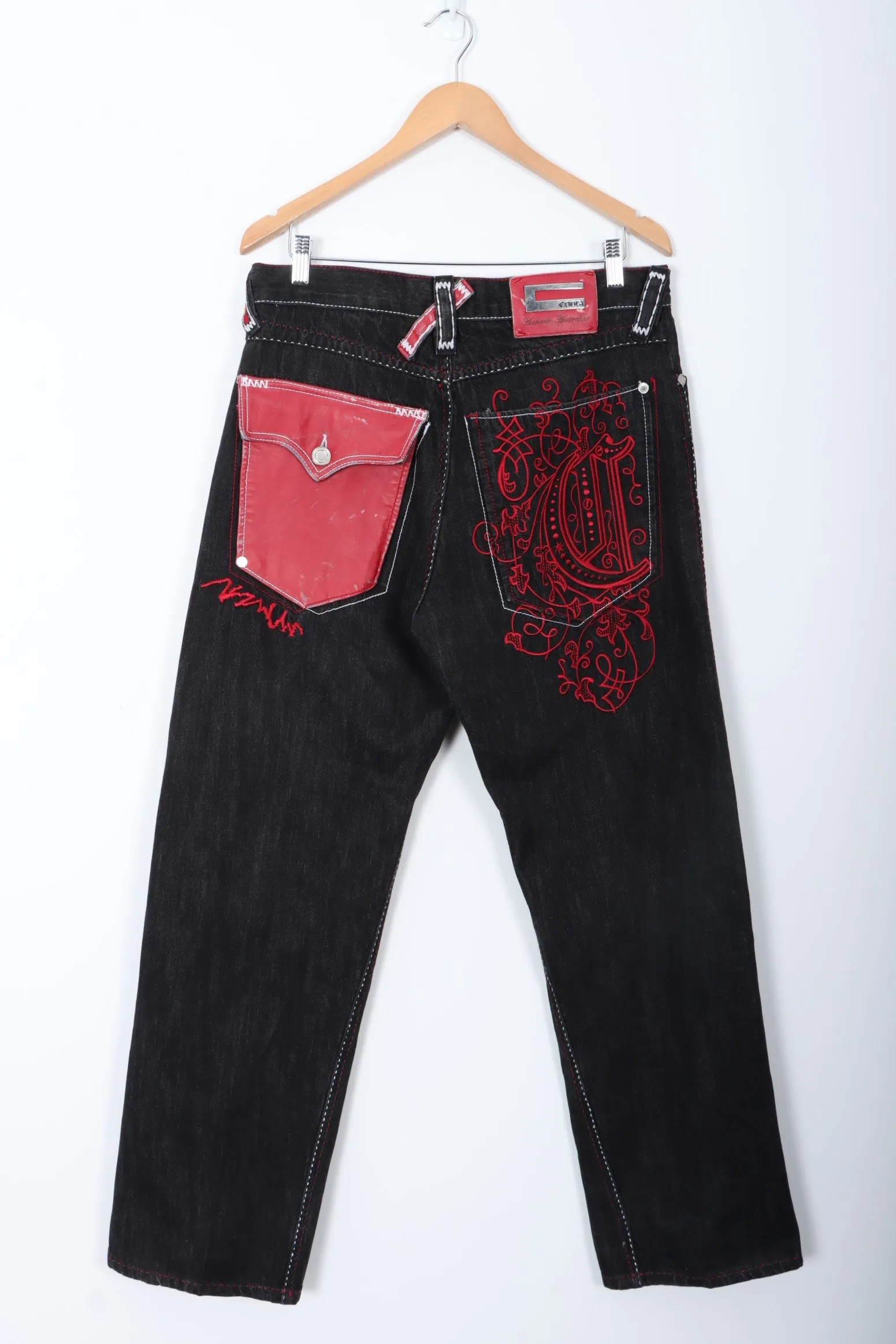 COOGI Limited Edition Y2K Red Leather Embroidered Jeans (34x34)