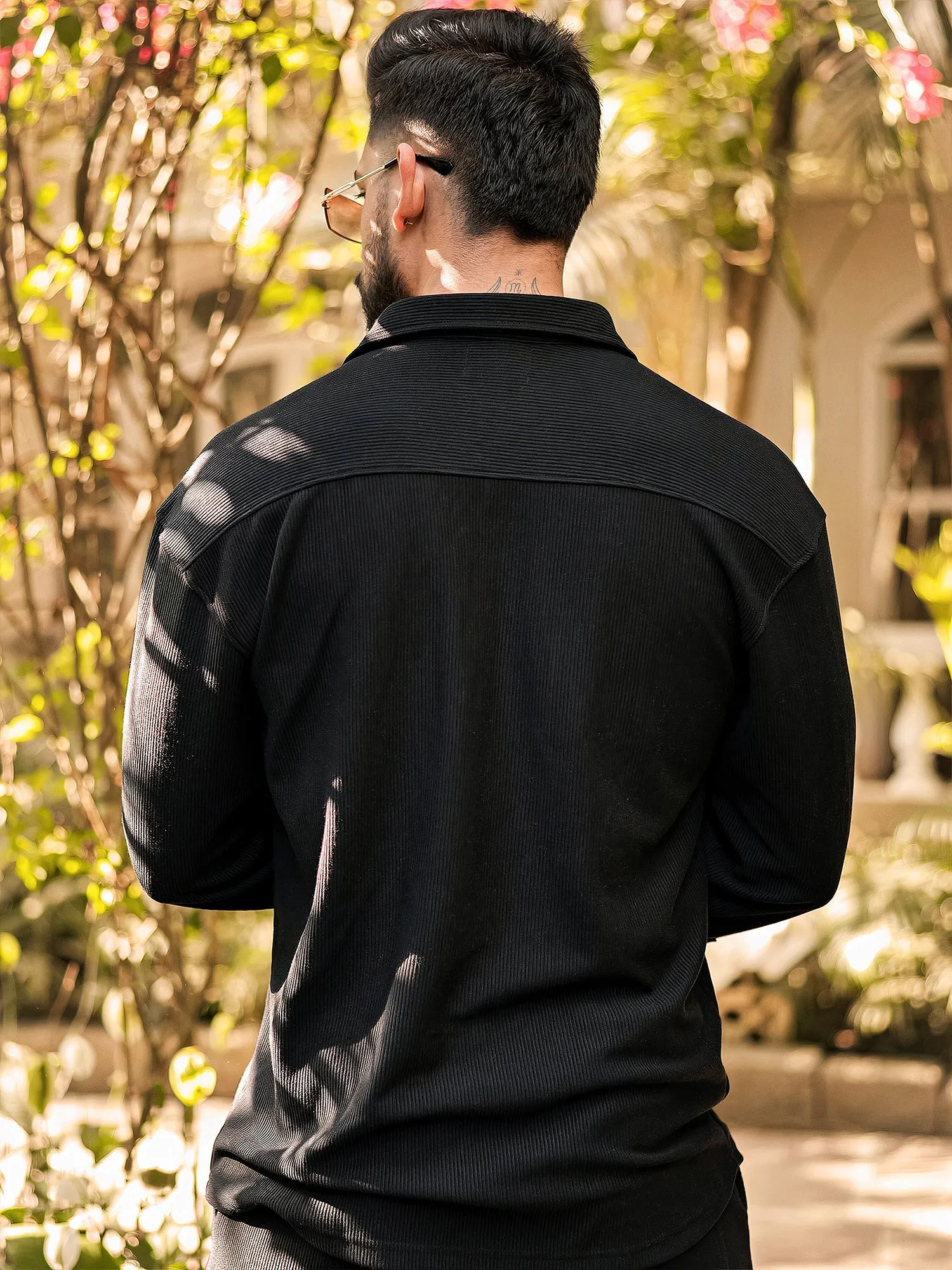 Cord Knit Textured Double Pocket Black Shirt