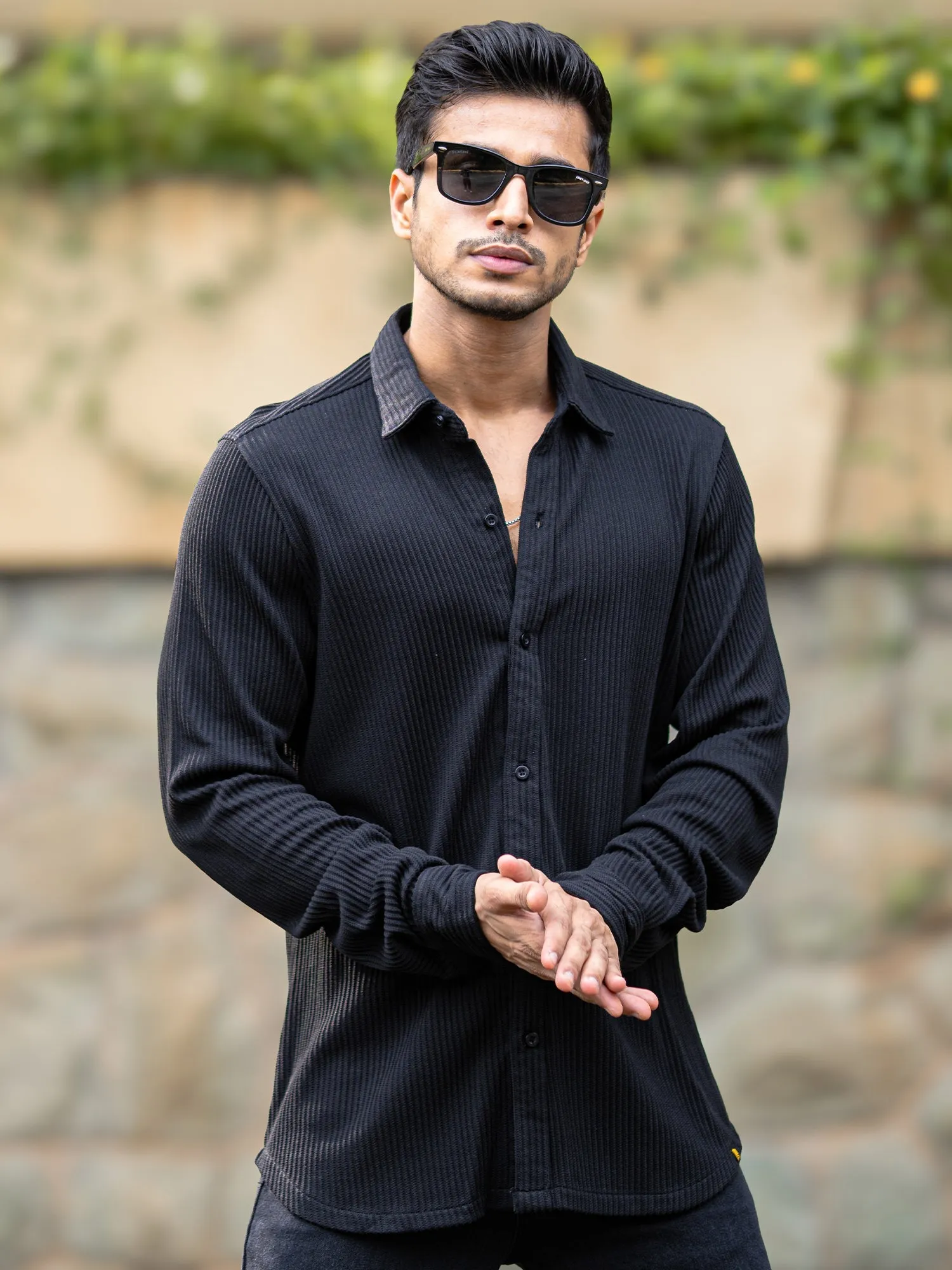 Cord Vertical Textured Black Shirt