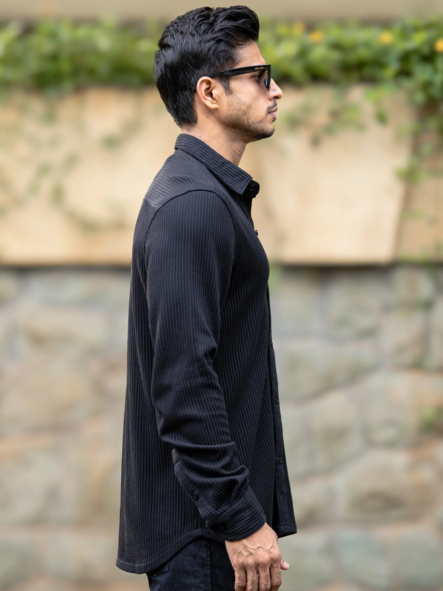 Cord Vertical Textured Black Shirt