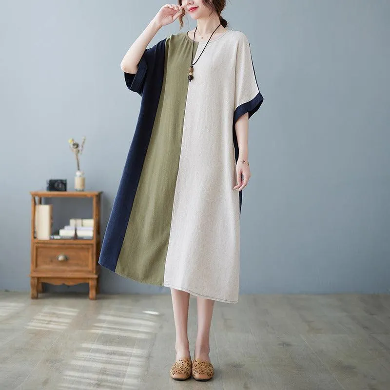 Cotton And Linen Loose Half Sleeve Contrast Paneled Dress