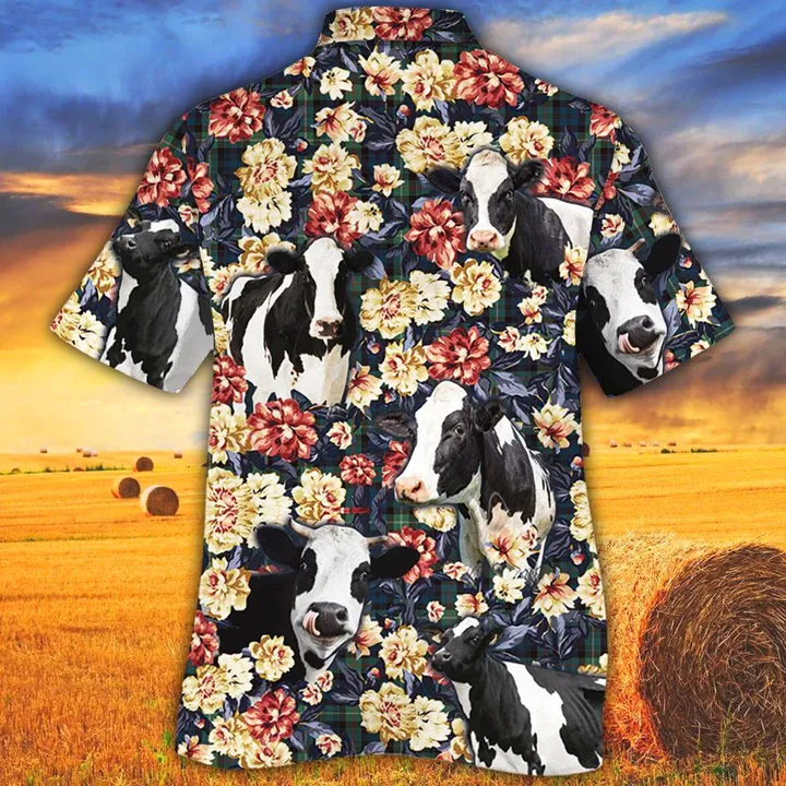 Cow Hawaiian shirt, Summer Hawaiian shirt, Animal shirt, Holstein Friesian Cattle Green Plaid Pattern Hawaiian Shirt