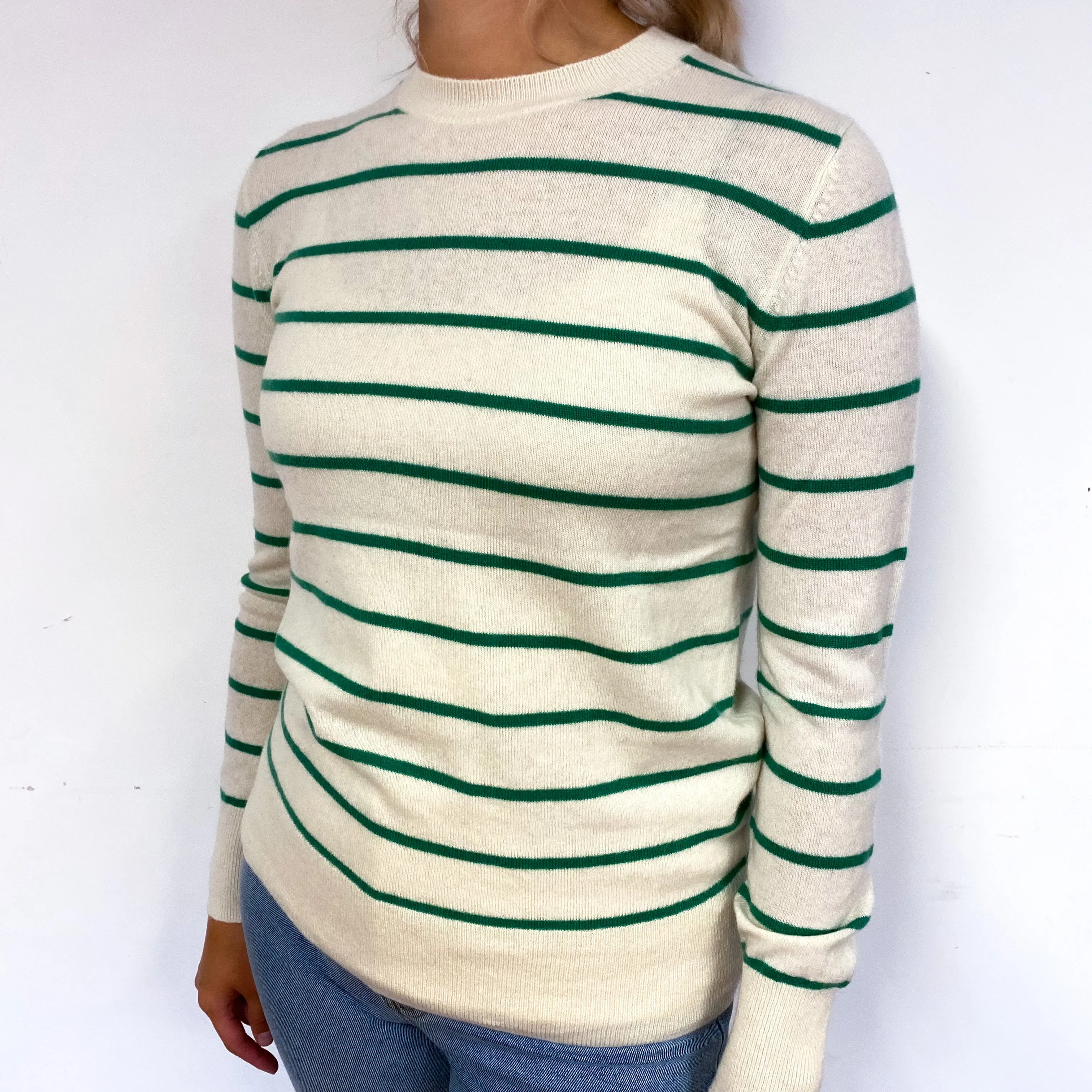 Cream and Shamrock Green Striped Cashmere Crew Neck Jumper Small