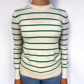 Cream and Shamrock Green Striped Cashmere Crew Neck Jumper Small