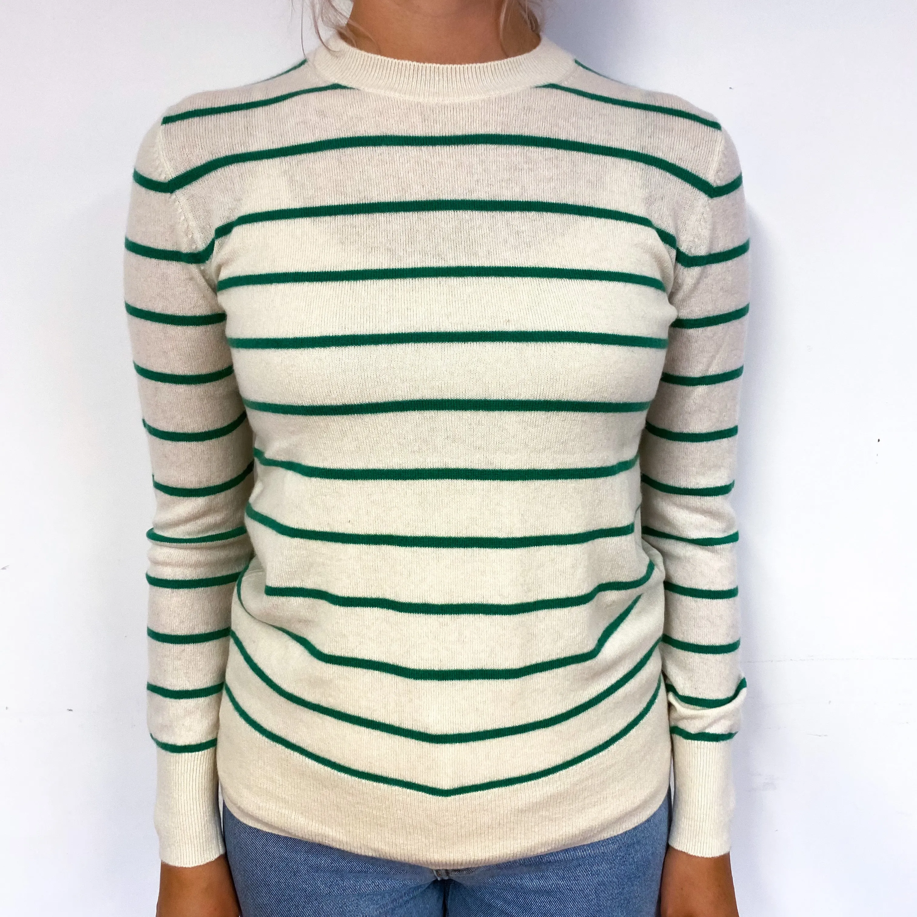 Cream and Shamrock Green Striped Cashmere Crew Neck Jumper Small