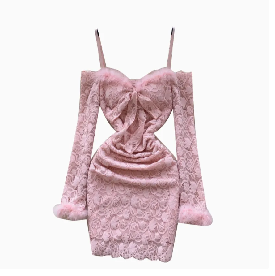 Crochet Lace Furry Patchwork Slip Dress