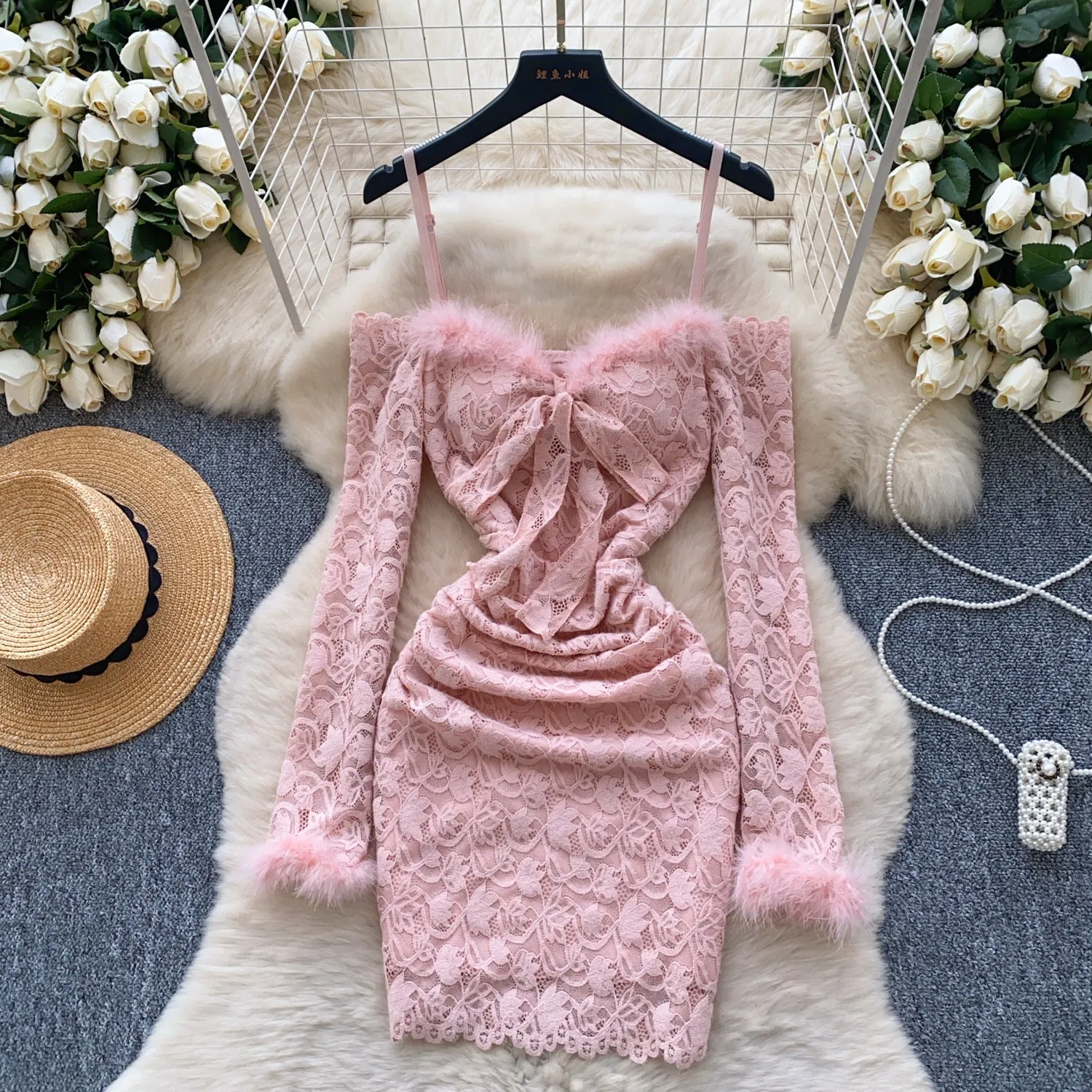 Crochet Lace Furry Patchwork Slip Dress