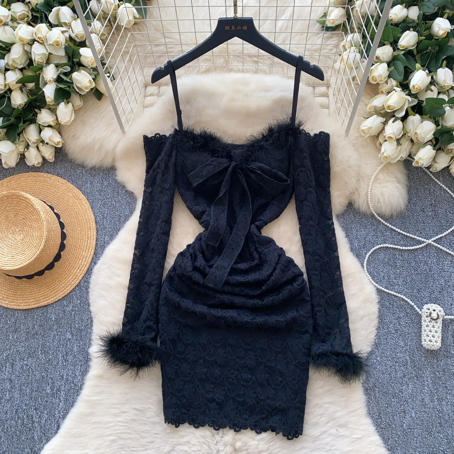 Crochet Lace Furry Patchwork Slip Dress