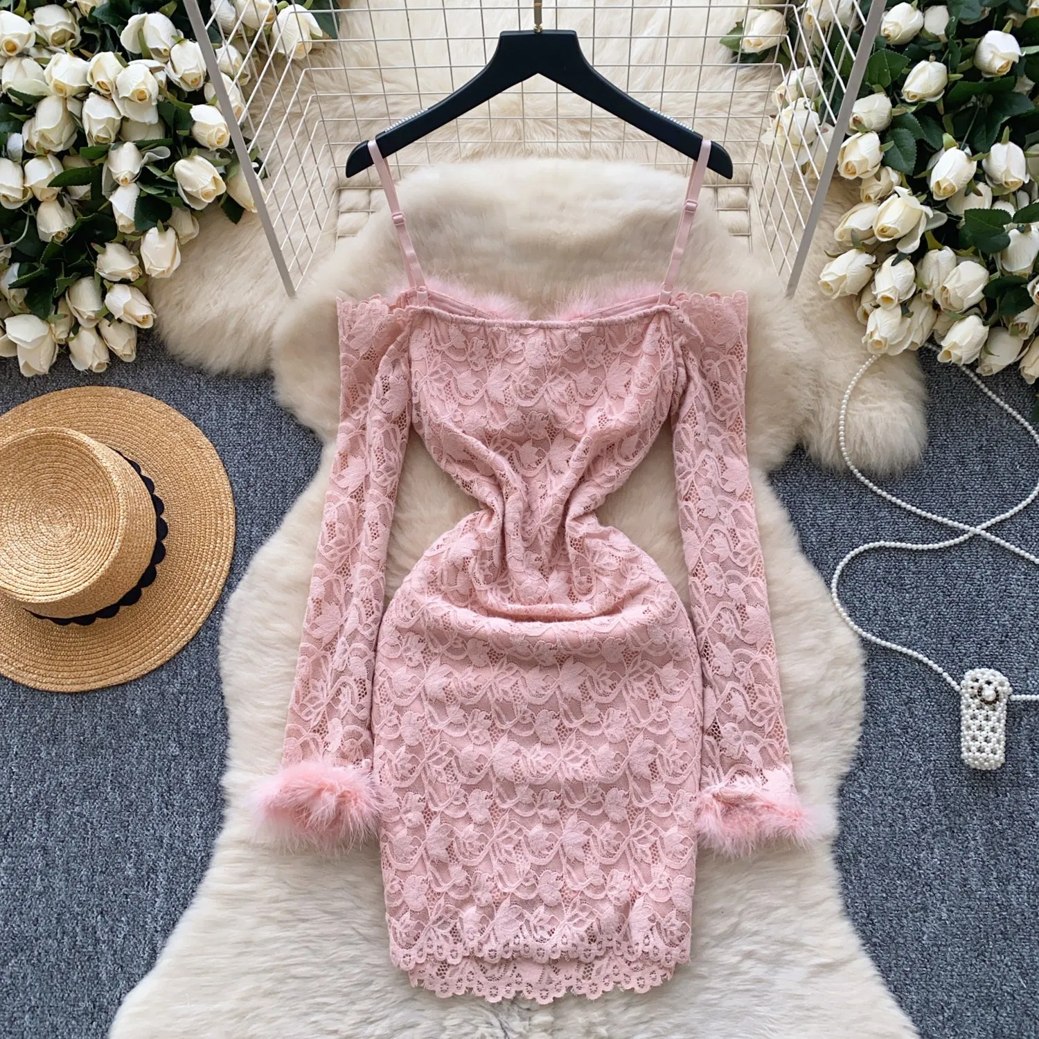 Crochet Lace Furry Patchwork Slip Dress