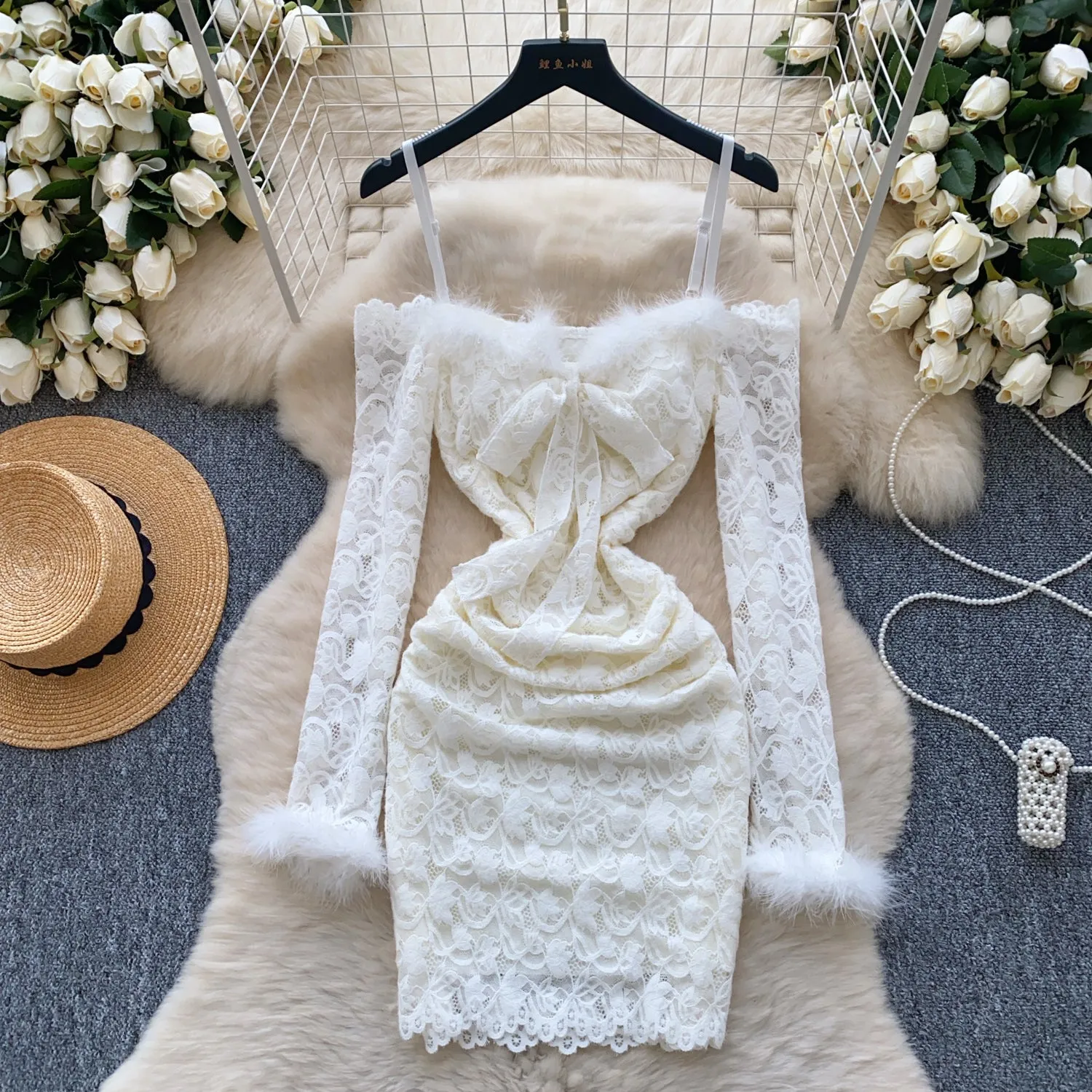 Crochet Lace Furry Patchwork Slip Dress