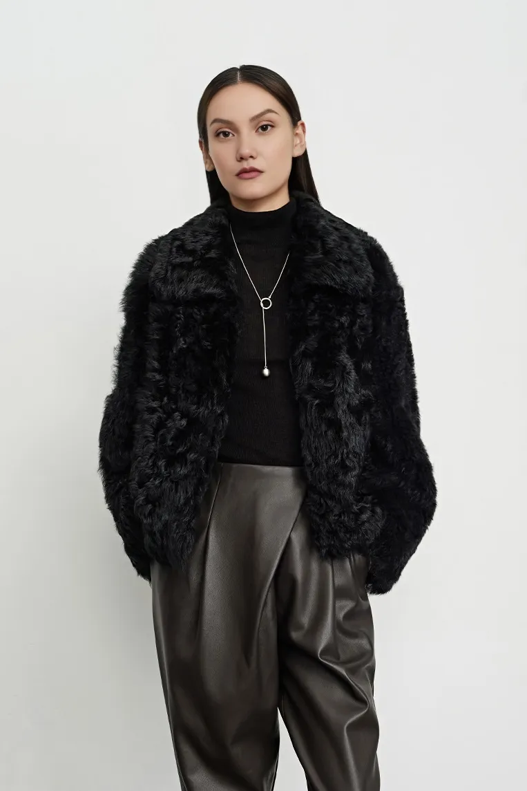 Cropped Toscana Shearling Sheepskin Jacket With Oversized Collar