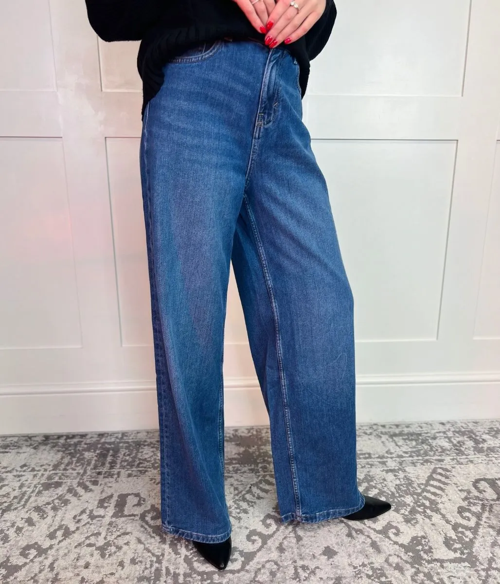 Dark Blue Denim Wide Leg Jeans