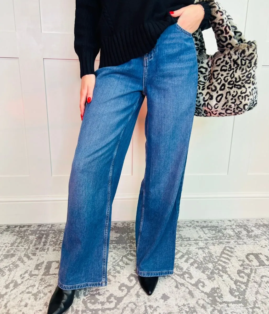 Dark Blue Denim Wide Leg Jeans