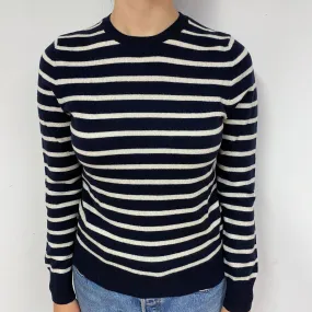 Dark Navy Blue Striped Cashmere Crew Neck Jumper Small