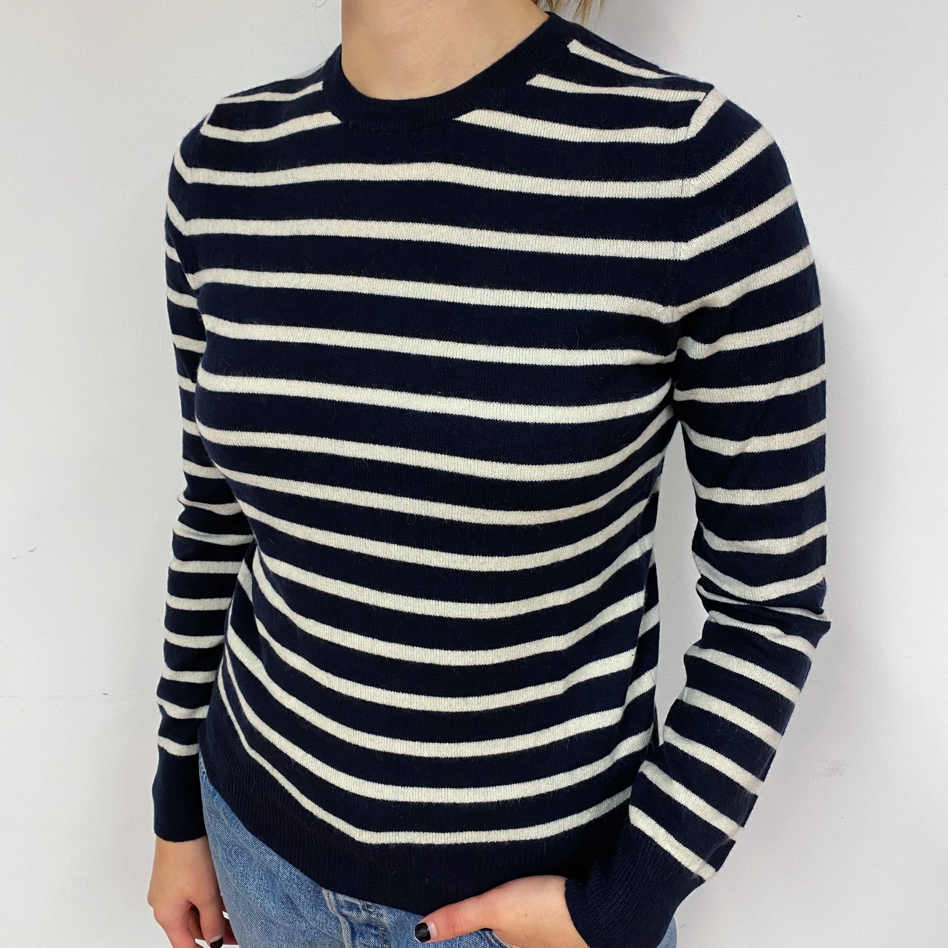 Dark Navy Blue Striped Cashmere Crew Neck Jumper Small