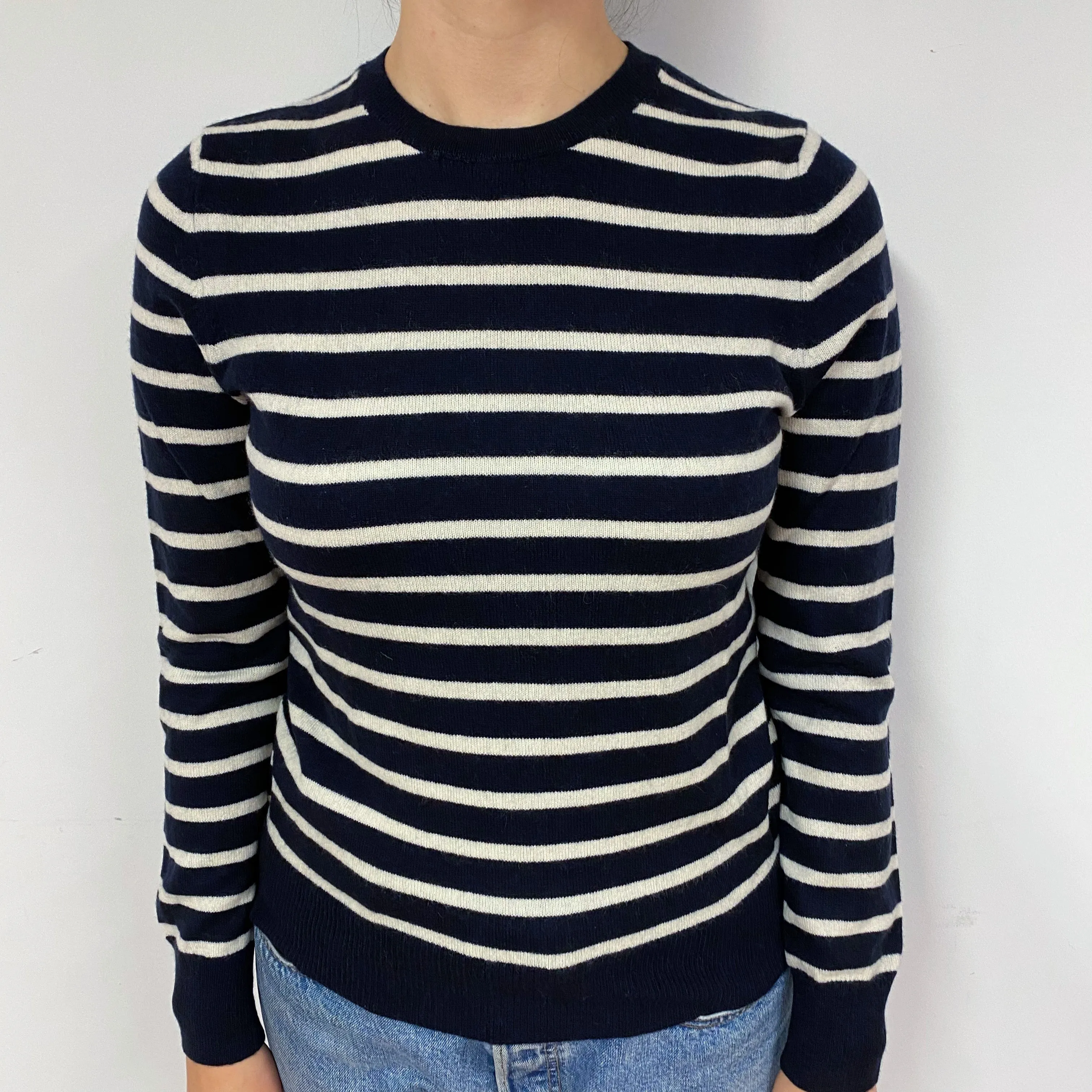 Dark Navy Blue Striped Cashmere Crew Neck Jumper Small