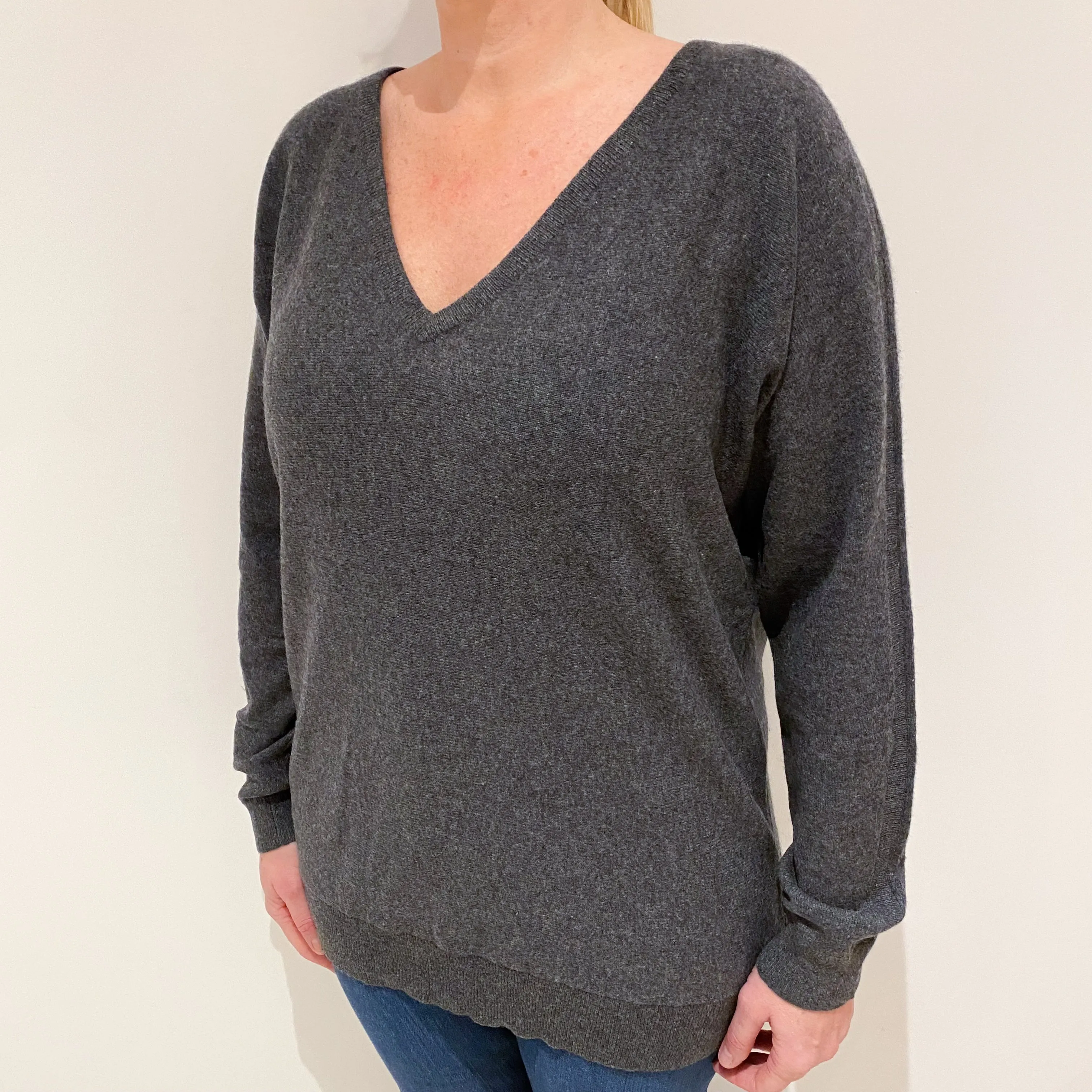 Dark Slate Grey Batwing Cashmere V-Neck Jumper Large