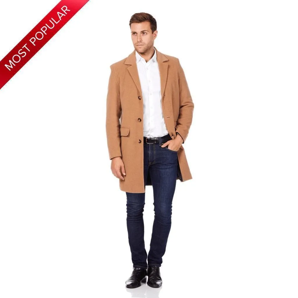 De La Creme MAN - Men's Classic Wool Blend Overcoat in Black & Camel