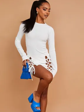 Diana Lace Up Front Ribbed Bodycon Dress In White