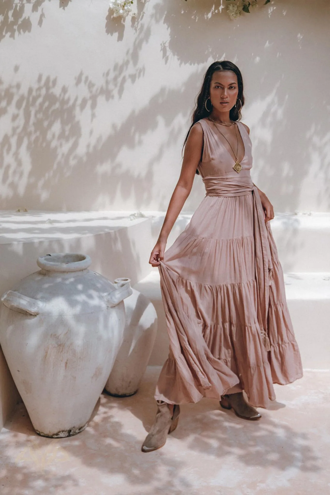 Dusty Pink Bohemian Dress • Boho Maternity Dress • A Line Belted Dress