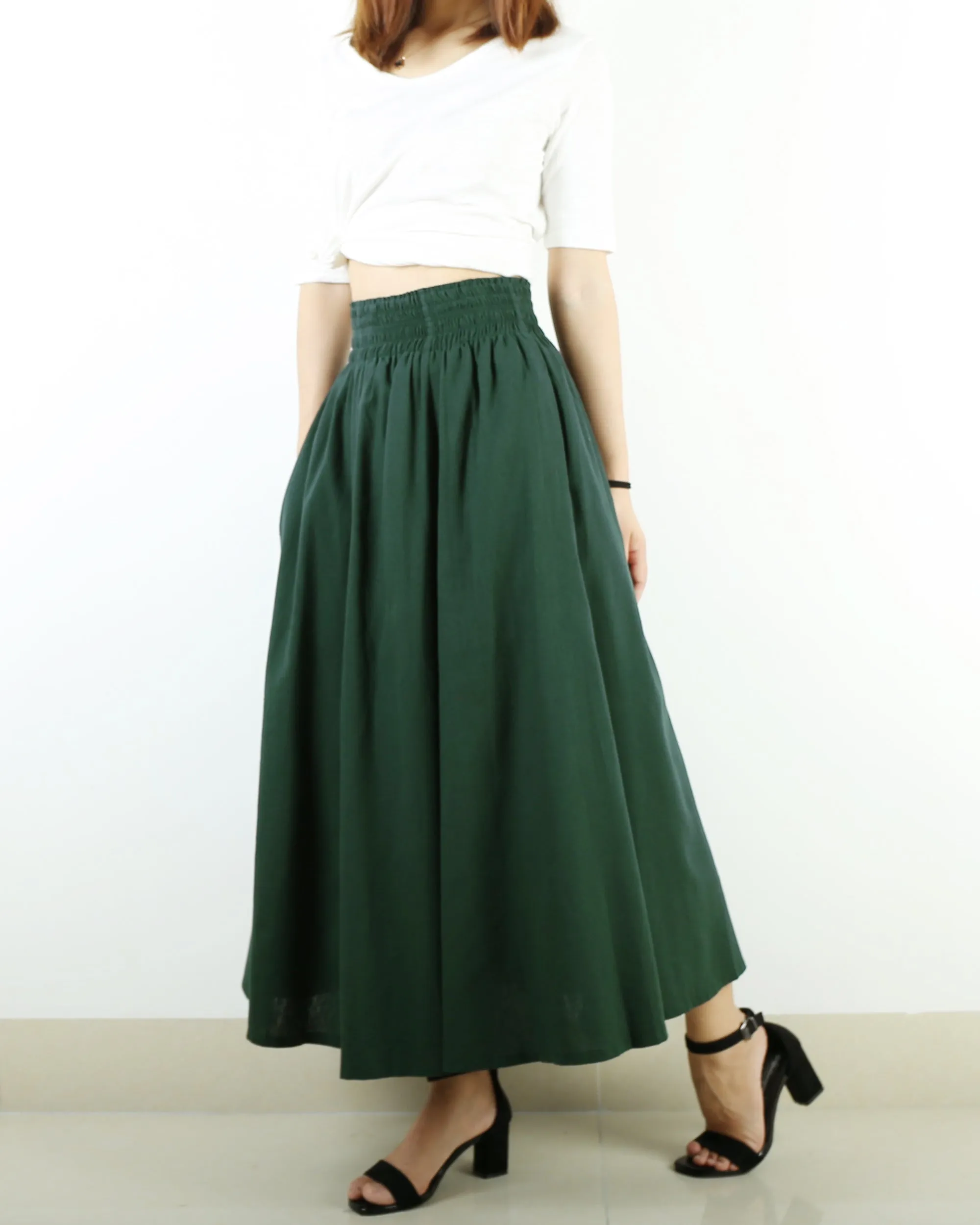 Elastic waist skirt, high waist skirt, linen skirt, maxi skirt, long skirt, flared skirt(Q1989)