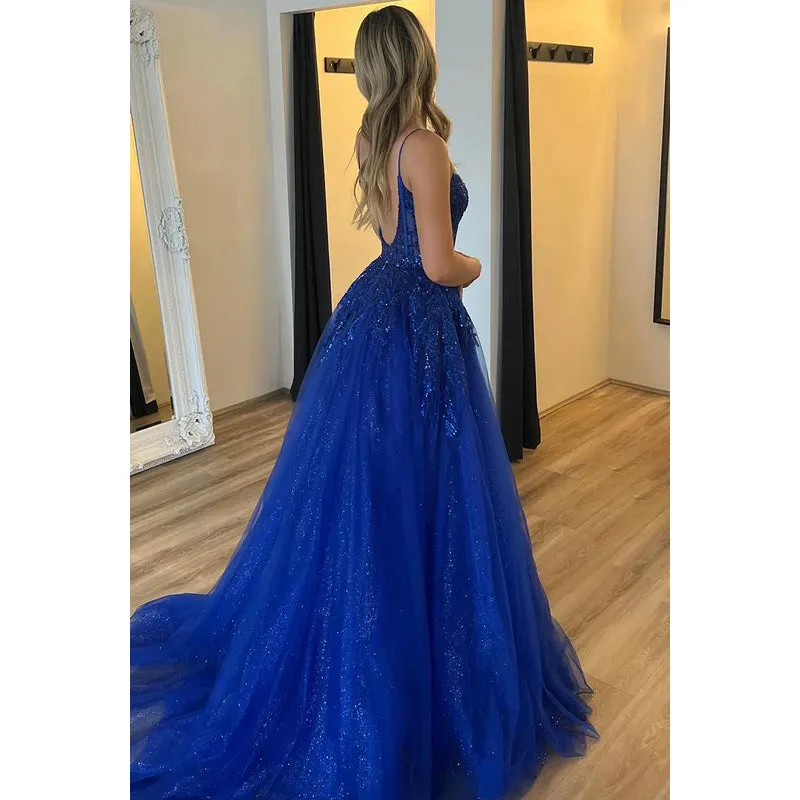 Elegant & Luxurious Straps Backless A-Line Side Slit Tulle Evening Party Prom Dress