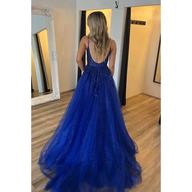 Elegant & Luxurious Straps Backless A-Line Side Slit Tulle Evening Party Prom Dress