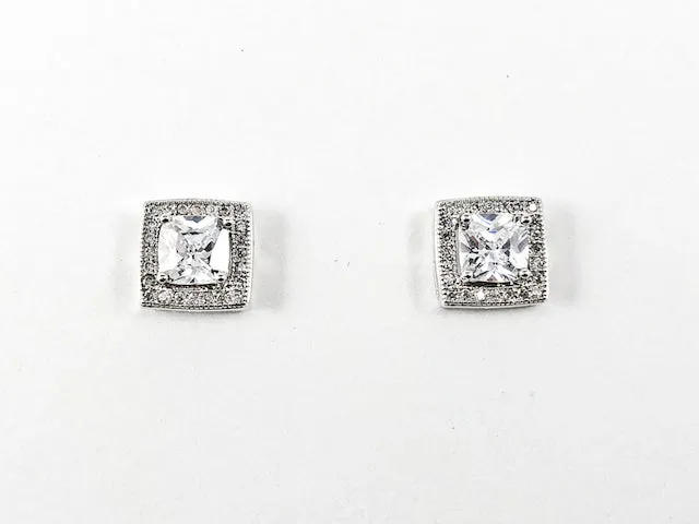 Elegant Layered Square Center CZ Silver Stud Earrings