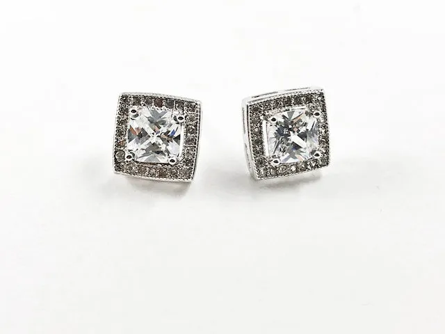 Elegant Layered Square Center CZ Silver Stud Earrings