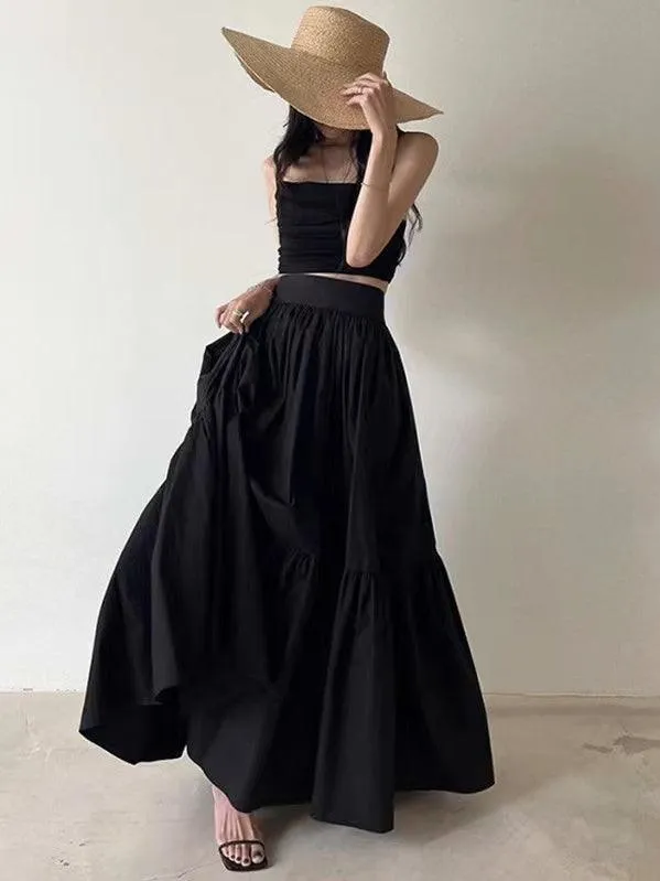 Elegant Ruffled Camisole high Waist A-line Skirt 2 set