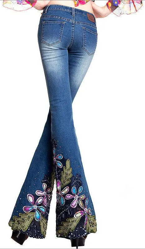 Embellished Floral Faded Flared Jeans in Dark or Light Blue Wash