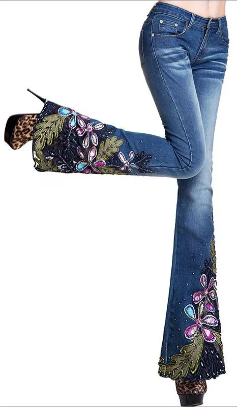 Embellished Floral Faded Flared Jeans in Dark or Light Blue Wash