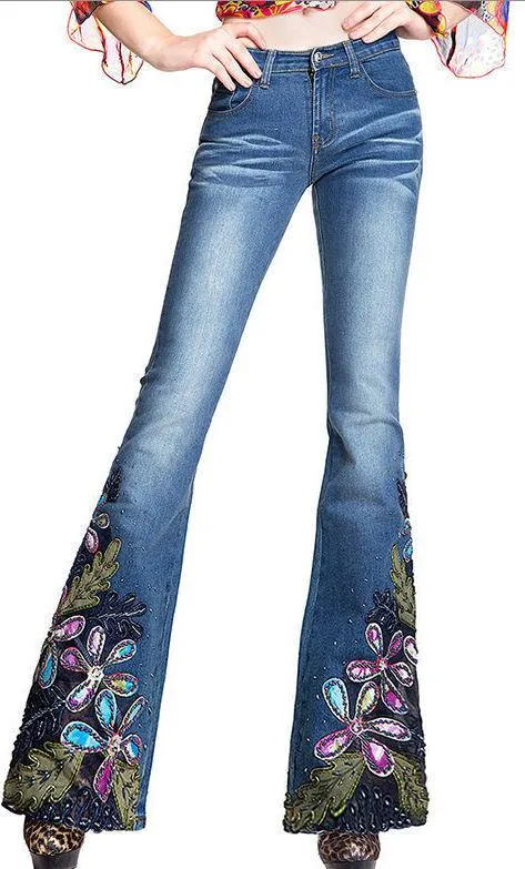 Embellished Floral Faded Flared Jeans in Dark or Light Blue Wash