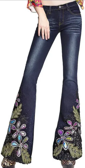 Embellished Floral Faded Flared Jeans in Dark or Light Blue Wash