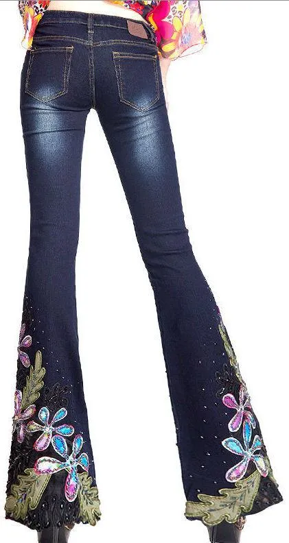 Embellished Floral Faded Flared Jeans in Dark or Light Blue Wash