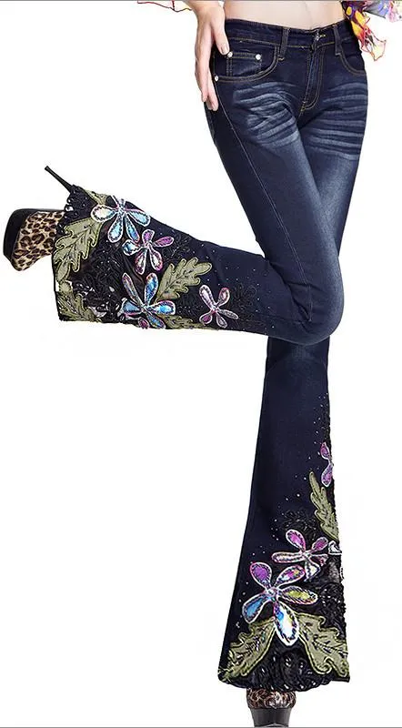 Embellished Floral Faded Flared Jeans in Dark or Light Blue Wash