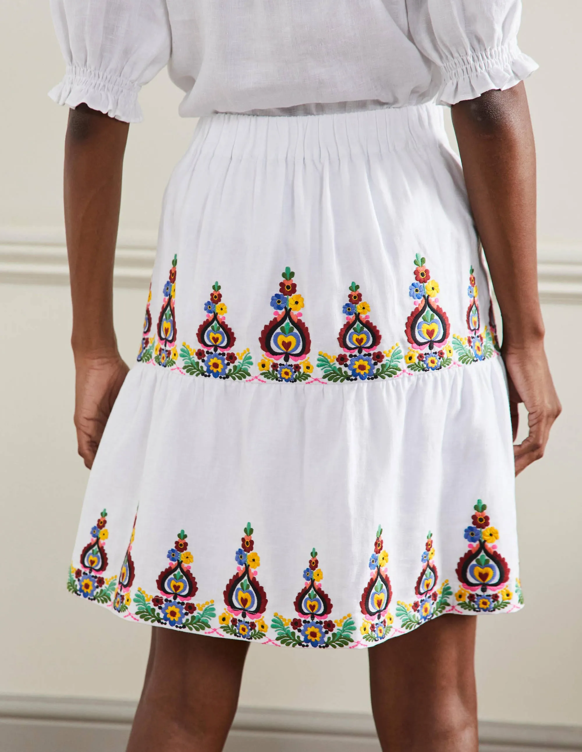 Embroidered Linen Mini Skirt-White Embroidered