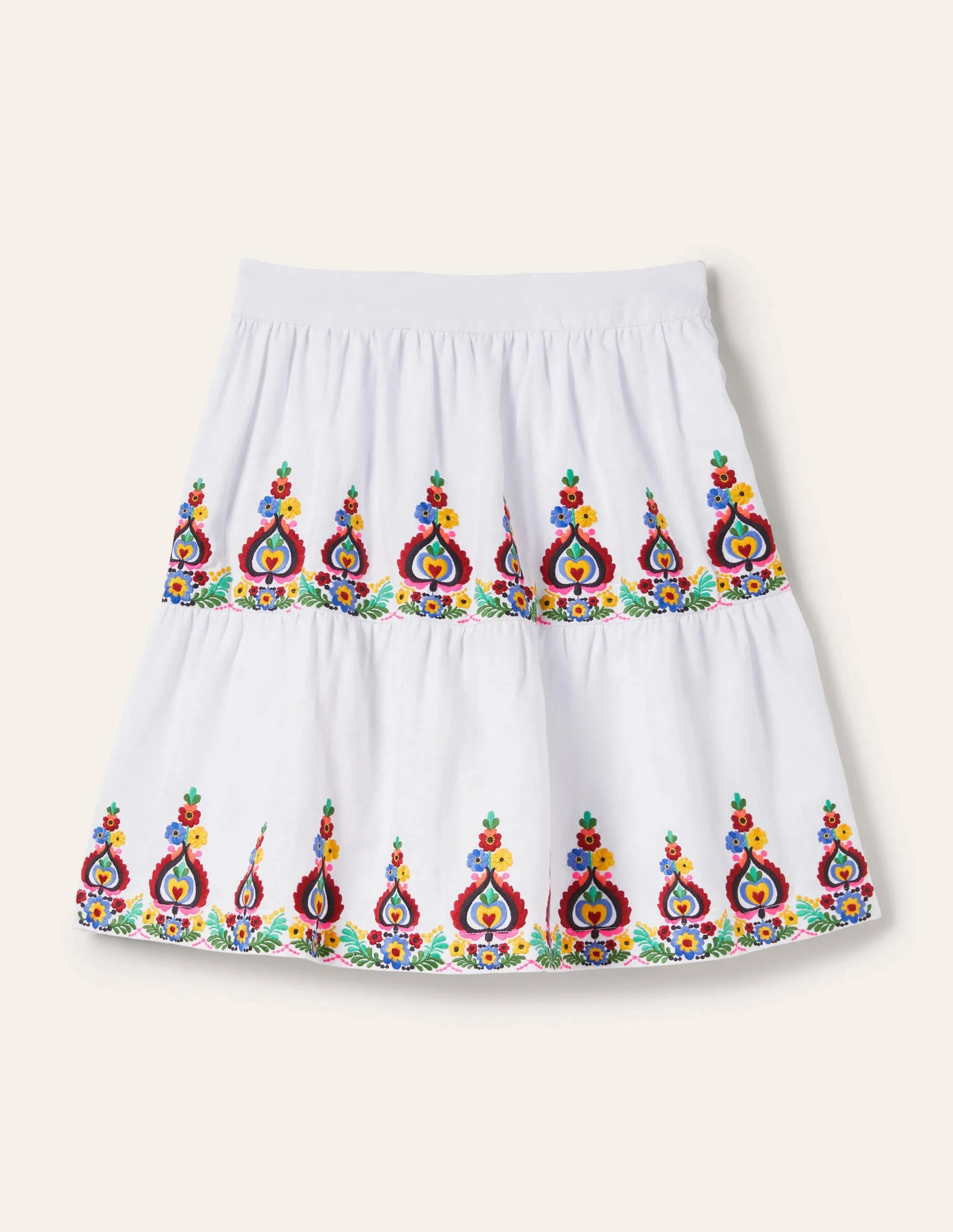 Embroidered Linen Mini Skirt-White Embroidered