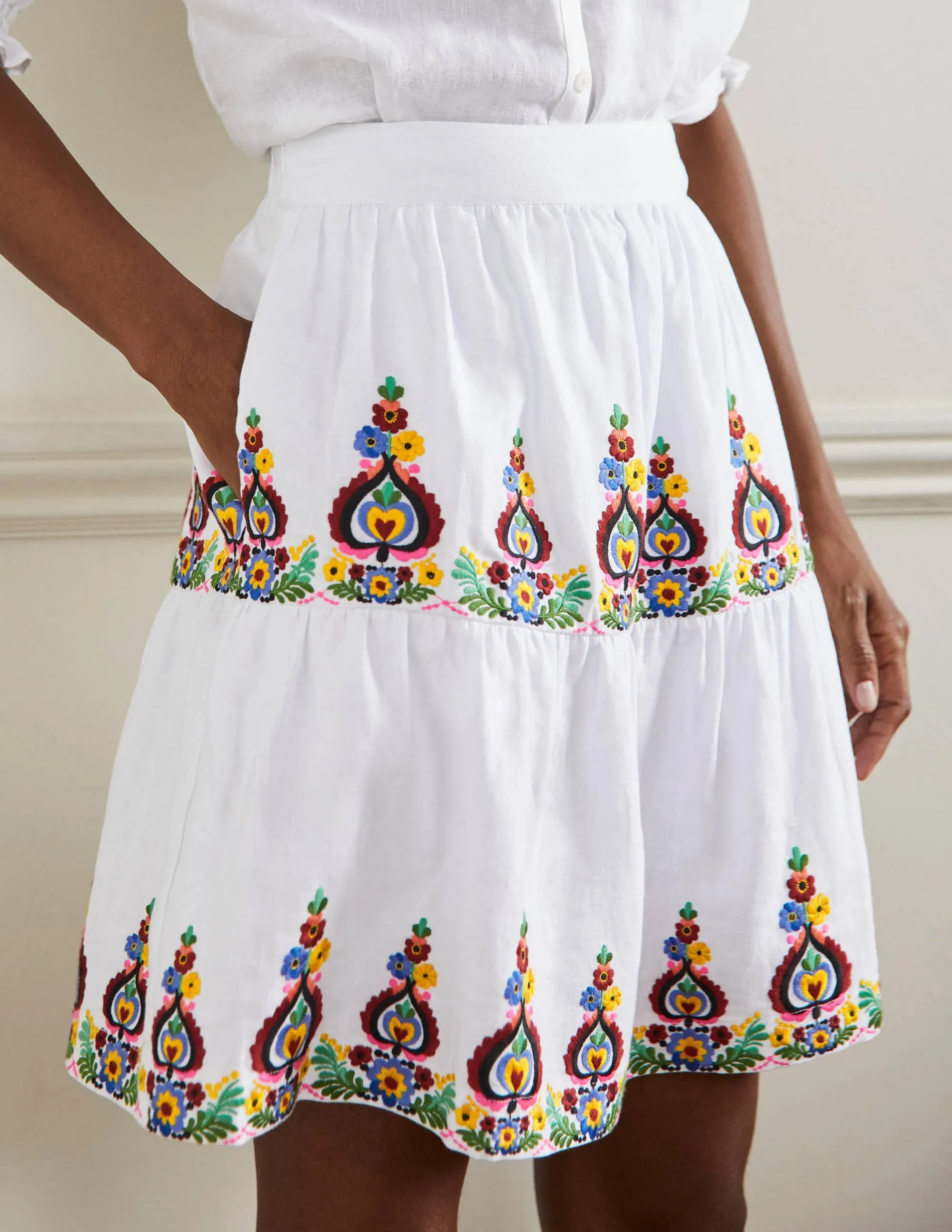 Embroidered Linen Mini Skirt-White Embroidered