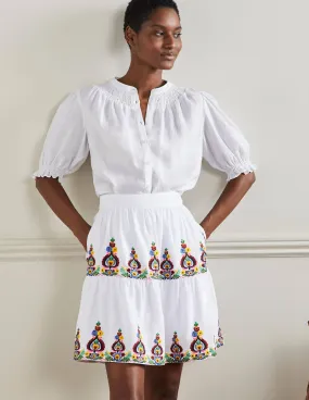 Embroidered Linen Mini Skirt-White Embroidered